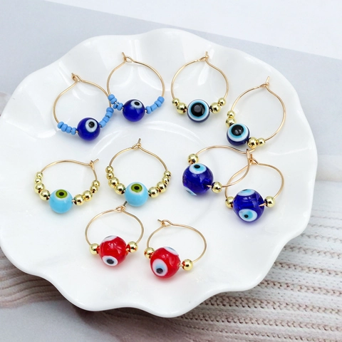 Bohemian Gold Alloy Evil Eye Hoop Earrings For Women Blue Red Glass Bead Drop Earrings Ethnic Turkish Style Fashion Jewelry