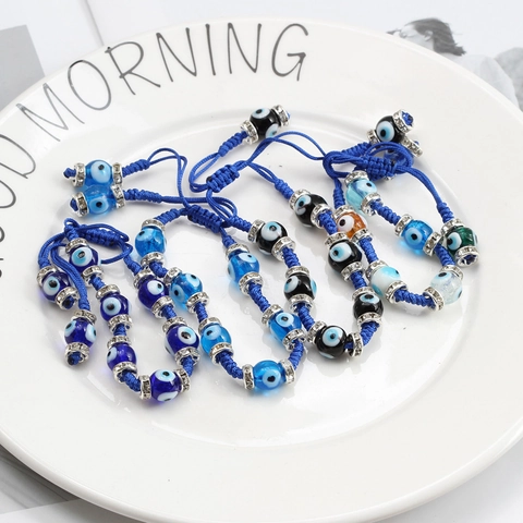 Handmade Evil Eye Braided Bracelet For Women Men Colorful Glass Nazar Beads Rhinestone Alloy Spacers Adjustable Amulet Jewelry