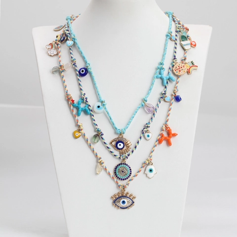 Bohemian Colorful Woven Cord Necklace Alloy Resin Evil Eye Gummy Bear Balloon Dog Heart Pendant Fashion Jewelry For Women Girls