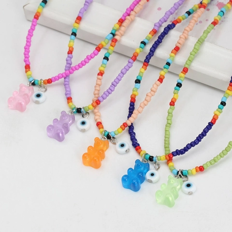 Bohemian Colorful Seed Bead Necklace With Resin Gummy Bear And Evil Eye Pendant Y2K Handmade Jewelry For Women Daily Gift