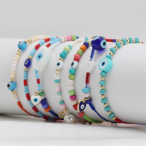 Bohemian Evil Eye Beaded Bracelet Multicolored Handmade Woven Adjustable Rope Bracelet For Women Men Ethnic Jewelry Gift