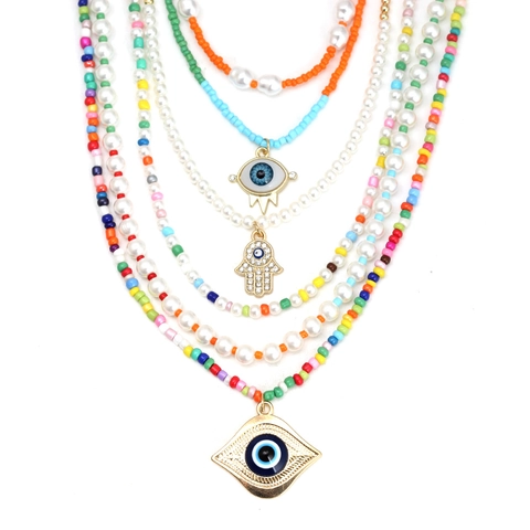 Bohemian Evil Eye Perlenkette Künstliche Perle Kupfer Anhänger Hand Der Fatima Bunte Glasperlen Halskette Für Damen Schmuck