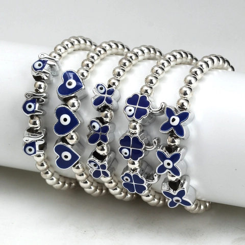 Silber Perlen Armband Damen Böser Blick Blau Emaille Herz Schmetterling Eule Elefant Tier Anhänger Elastisch Schmuck
