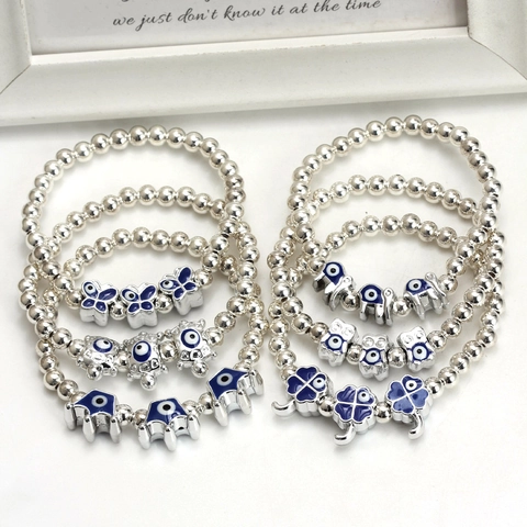 Silber Perlen Armband Damen Böser Blick Blau Emaille Herz Schmetterling Eule Elefant Tier Anhänger Elastisch Schmuck