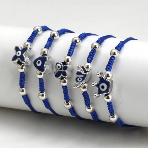 Braccialetto Evil Eye in Corda Intrecciata a Mano per Donna Perline in Lega di Argilla Polimerica Cordino Blu Regolabile