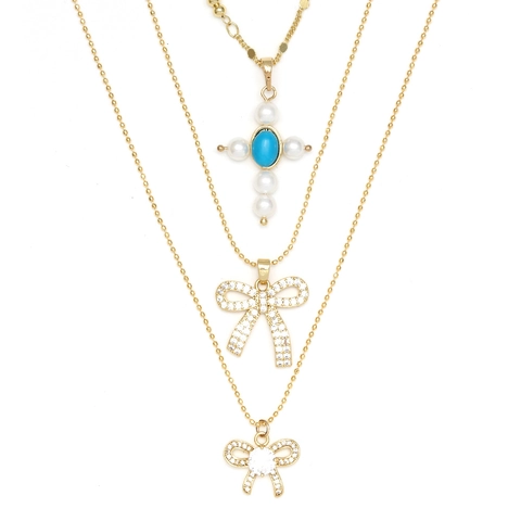 Elegante Kupfer Strass Schleife Anhänger Halskette Mit Künstliche Perle Kreuz Böser Blick Verstellbar Perlenkette Schmuck Für Damen