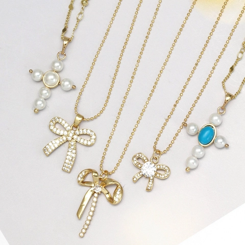 Elegante Kupfer Strass Schleife Anhänger Halskette Mit Künstliche Perle Kreuz Böser Blick Verstellbar Perlenkette Schmuck Für Damen