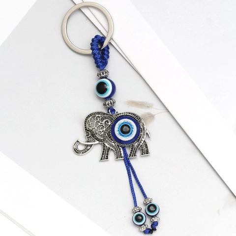 Llavero Bohemio de Elefante Hueco de Aleación Ojo Turco Cuerda Trenzada Azul Amuleto Colgante de Coche para Mujer Hombre