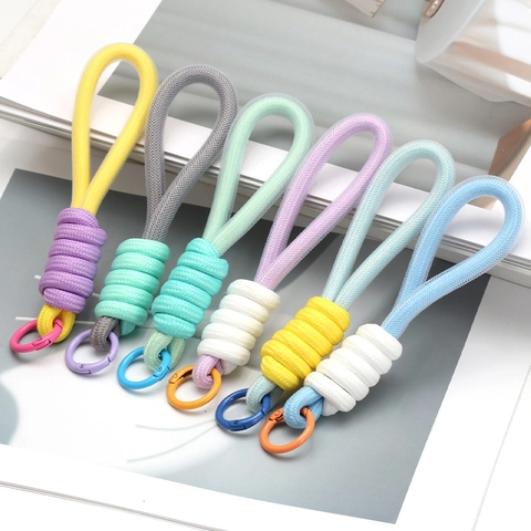 Handgemaakte Gevlochten Touw Sleutelhanger Macaron Kleur Mobiele Telefoon Strap Met Legering Ronde Karabijnhaak Mode Tas Bedeltje