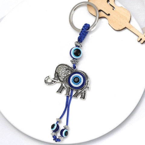 Llavero Bohemio de Elefante Hueco de Aleación Ojo Turco Cuerda Trenzada Azul Amuleto Colgante de Coche para Mujer Hombre