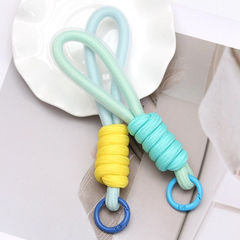 Handgemaakte Gevlochten Touw Sleutelhanger Macaron Kleur Mobiele Telefoon Strap Met Legering Ronde Karabijnhaak Mode Tas Bedeltje