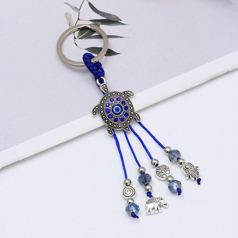 Portachiavi Bohemienne Malocchio Tartaruga Elefante Mano Di Fatima Albero Della Vita Ciondolo Con Corda Intrecciata Blu