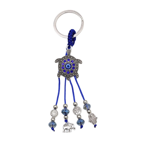 Portachiavi Bohemienne Malocchio Tartaruga Elefante Mano Di Fatima Albero Della Vita Ciondolo Con Corda Intrecciata Blu