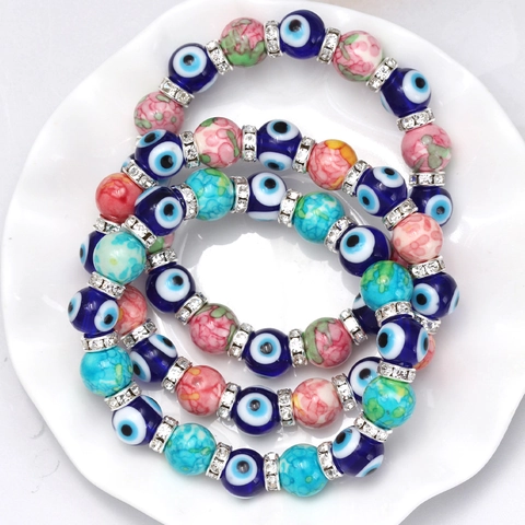 Vintage Lucky Evil Eye Lampwork Glass Beaded Bracelet For Women Men Colorful Nazar Flower Rhinestone Stackable Jewelry