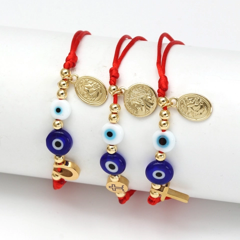 Handgefertigtes Geflochtenes Rotes Oranges Seilarmband Verstellbares Böser Blick Kreuz Hufeisen Heiliger Medaille Anhänger Edelstahl Schmuck
