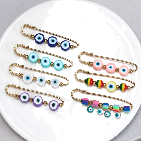 Vintage Evil Eye Nazar Safety Pin Brooch Iron Glass Polymer Clay Blue Palm Eye Lapel Pin For Women Men Clothing Jewelry Gift