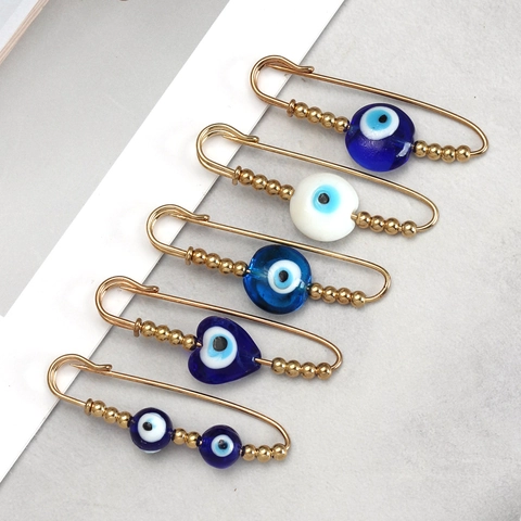 Fashion Gold Plated Alloy Evil Eye Safety Pin Brooch Ethnic Blue Glass Bead Enamel Beetle Ladybug Collar Pin For Men Women Accessory