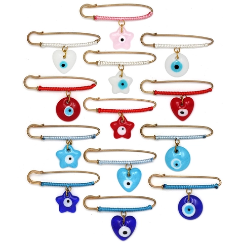 Spilla di Sicurezza Etnica Evil Eye in Lega di Rame Oro con Filo Intrecciato a Mano e Ciondolo a Cuore Stella Vetro