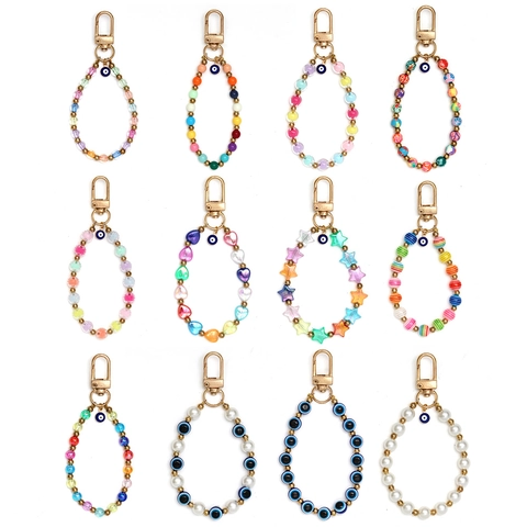 Llavero Pulsera Bohemio de Ojo Turco con Cuentas de Resina de Colores Perla Artificial de Imitación Aleación Dorada Cierre Mosquetón Joyería Mujer
