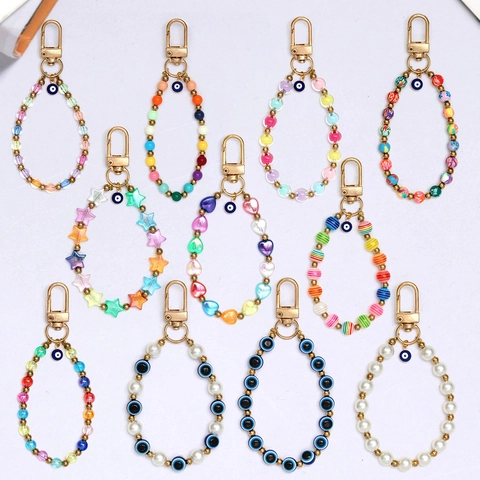 Llavero Pulsera Bohemio de Ojo Turco con Cuentas de Resina de Colores Perla Artificial de Imitación Aleación Dorada Cierre Mosquetón Joyería Mujer