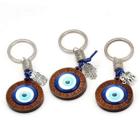 Portachiavi Vintage Malocchio Ciondolo in Vetro Blu e Legno Amuleto Nazar Turco Con Ciondolo Mano di Fatima Gufo Accessorio Appeso