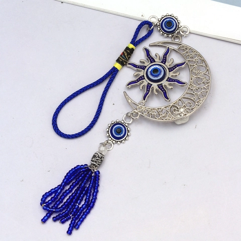 Bohemian Evil Eye Moon Sun Wall Hanging Ornament Electroplated Silver Alloy Glass Charm Blue Bead Tassel For Car Home Decor