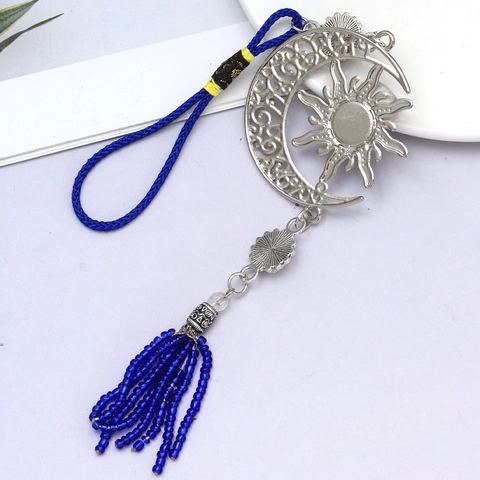 Bohemian Evil Eye Moon Sun Wall Hanging Ornament Electroplated Silver Alloy Glass Charm Blue Bead Tassel For Car Home Decor