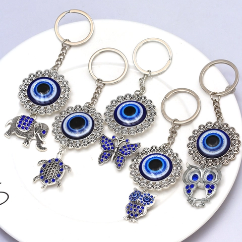 Türkischer Böser Blick Schlüsselanhänger Mit Elefant Eule Schildkröte Schmetterling Anhänger Metall Strass Nazar Amulett