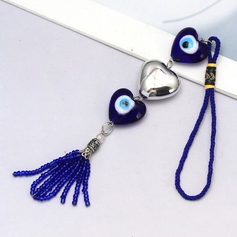 Portachiavi a Cuore Malocchio Blu Con Nappine in Perline Blu Ornamento Sospeso per Auto Cuore in Lega d'Argento Ciondolo in Vetro