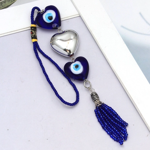 Portachiavi a Cuore Malocchio Blu Con Nappine in Perline Blu Ornamento Sospeso per Auto Cuore in Lega d'Argento Ciondolo in Vetro