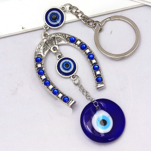 Portachiavi Turco Malocchio Ferro di Cavallo Lega Argento Strass Blu Ciondolo Borsa Auto Ornamento Protezione Fortuna Regalo