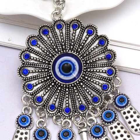 Ciondolo Appeso Mano di Fatima Malocchio in Lega Strass Girasole Occhio Blu Amuleto Portafortuna per Auto Casa Portachiavi Gioielli