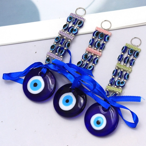 Türkischer Blaues Auge Schlüsselanhänger Glas Nazar Amulett Mit Blauer Satin Schleife Für Auto Haus Tasche Deko Geschenk