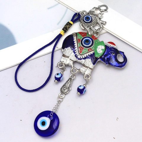 Ornamento Sospeso Elefante Malocchio Turco Amuleto di Protezione Nazar in Vetro Blu Smalto Lega Decorazione Etnica Casa Auto