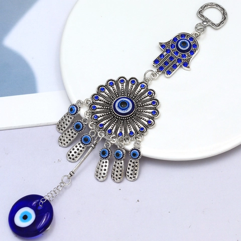 Ciondolo Appeso Mano di Fatima Malocchio in Lega Strass Girasole Occhio Blu Amuleto Portafortuna per Auto Casa Portachiavi Gioielli