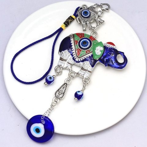 Ornamento Sospeso Elefante Malocchio Turco Amuleto di Protezione Nazar in Vetro Blu Smalto Lega Decorazione Etnica Casa Auto