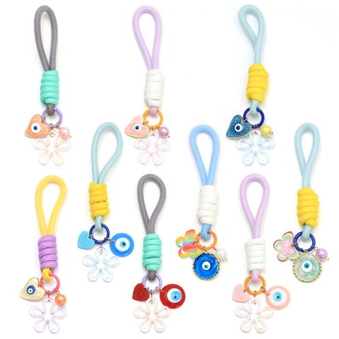 Llavero de Cuerda Trenzada de Ojo Turco Aleación Acrílico Nazar Azul Borla Colgante Corazón Mariposa Flor Amuleto Bolso Coche Joyería