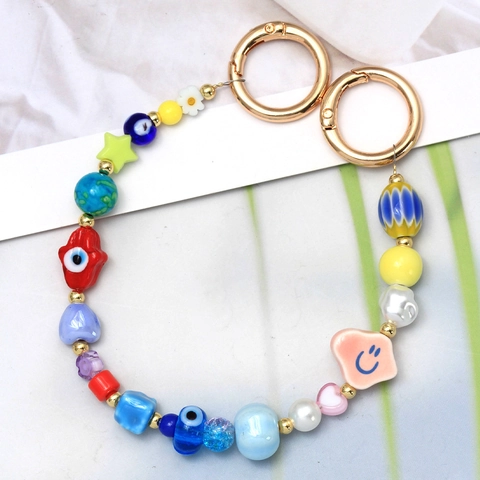 Porte-clés en Perles Multicolore Fait Main avec Charmes Main de Fatma Mauvais Œil en Céramique Résine Bijoux de Sac