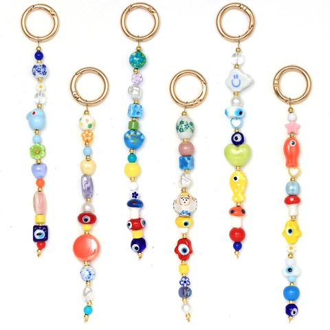 Turkish Blue Evil Eye Beaded Keychain Boho Y2K Bag Charm For Women Ceramic Glass Beads Mushroom Fish Heart Pendant Key Ring