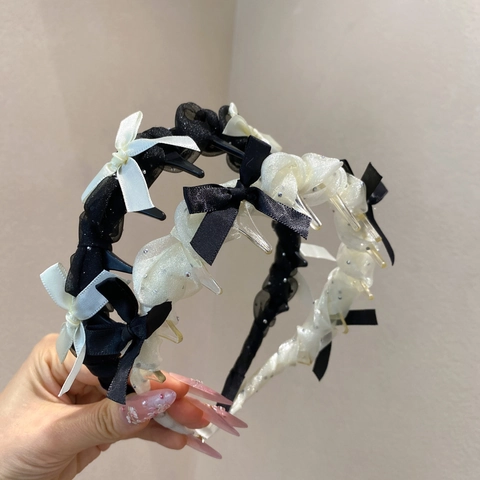 Diadema Plisada de Malla Estilo Coreano Clips Doble Capa Lazo Diadema Mujer Elegante Dulce Accesorios para el Cabello