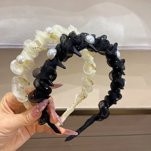 Cerchietto Increspato in Tulle di Rete Fata di Lusso Leggero Con Perle Artificiali Elegante Fascia per Capelli Dolce Fatta a Mano Donna