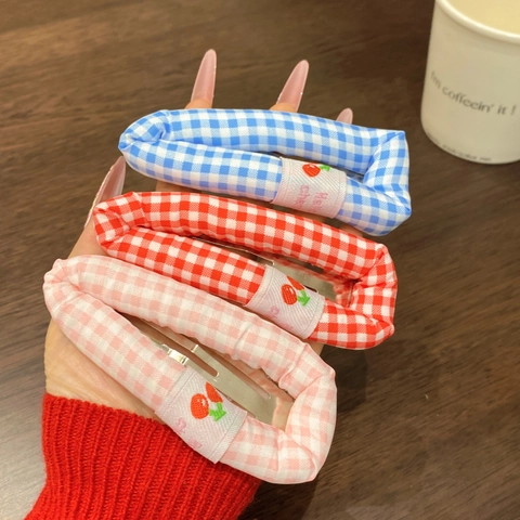 Dolce Fermaglio per Capelli a Quadretti Gingham Con Ricamo a Ciliegia Clip BB Avvolta in Tessuto per Donna Ragazza Accessori per Capelli
