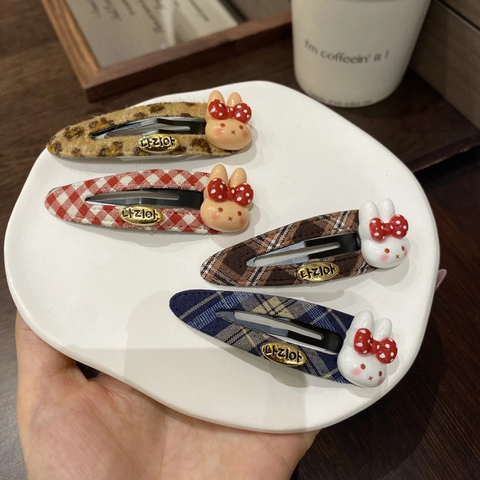 Cute Rabbit Plaid Leopard Pattern Fabric Wrapped BB Hair Clip Sweet Floral Style Hair Pin For Women Girls Daily Accessory