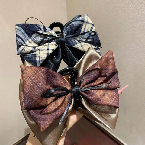 Pince à Cheveux Grand Nœud Écossais Style Coréen pour Femmes Élégant Ruban Satin Patchwork Accessoires pour Cheveux