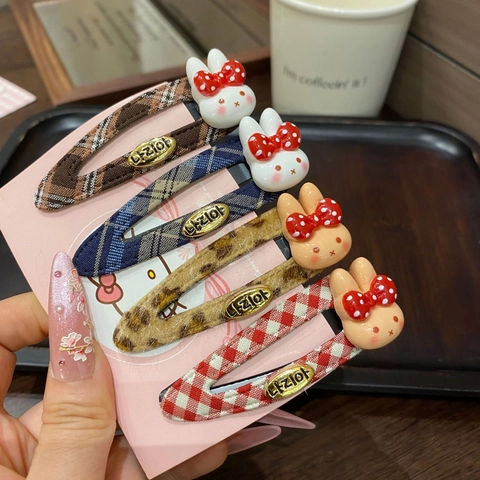 Cute Rabbit Plaid Leopard Pattern Fabric Wrapped BB Hair Clip Sweet Floral Style Hair Pin For Women Girls Daily Accessory