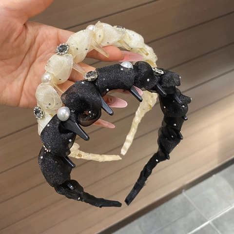 Diadema de Estilo Coreano en Tela de Purpurina Con Perlas Artificiales y Strass Para Mujer Diadema Antideslizante Con Pinzas Pequeñas