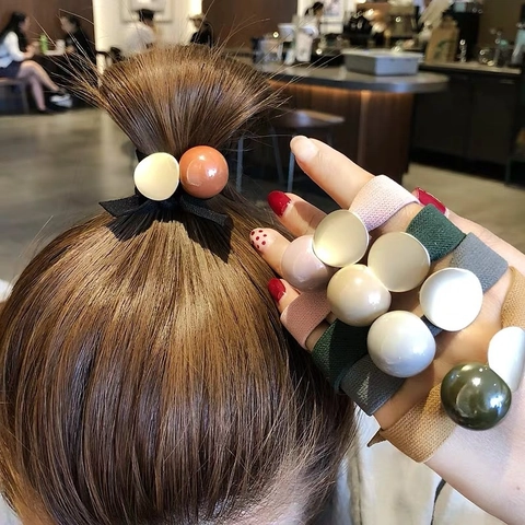 Coletero Elástico Estilo Coreano Minimalista con Lazo y Dobles Cuentas Dulce Soporte para Cola de Caballo de Resina Accesorios para Mujer
