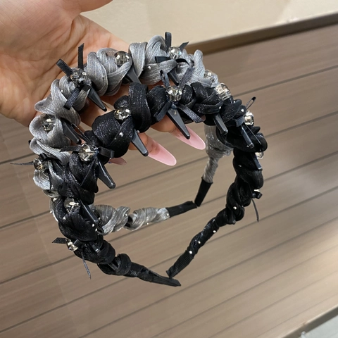Cerchietto Imbottito Intrecciato In Rete Di Strass Per Donna Stile Gothic Punk Con Fiocco E Borchie Accessori Per Capelli