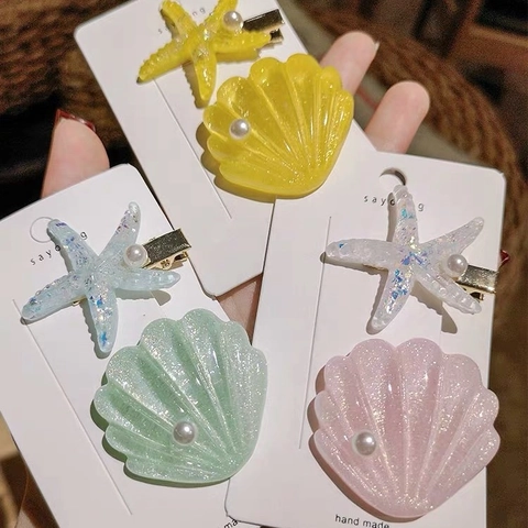 Pinza para el Cabello de Resina Estrella de Mar Concha Con Perla Artificial de Imitación Brillo Estilo Coreano Accesorios de Moda Mujer