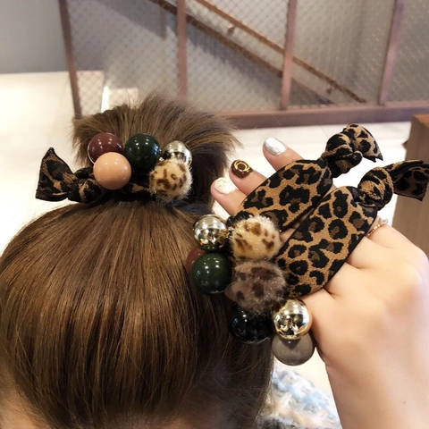 Coleteros de Pelo Vintage con Estampado de Leopardo para Mujer Cuentas de Resina Bola de Peluche Diademas Elásticas Accesorios